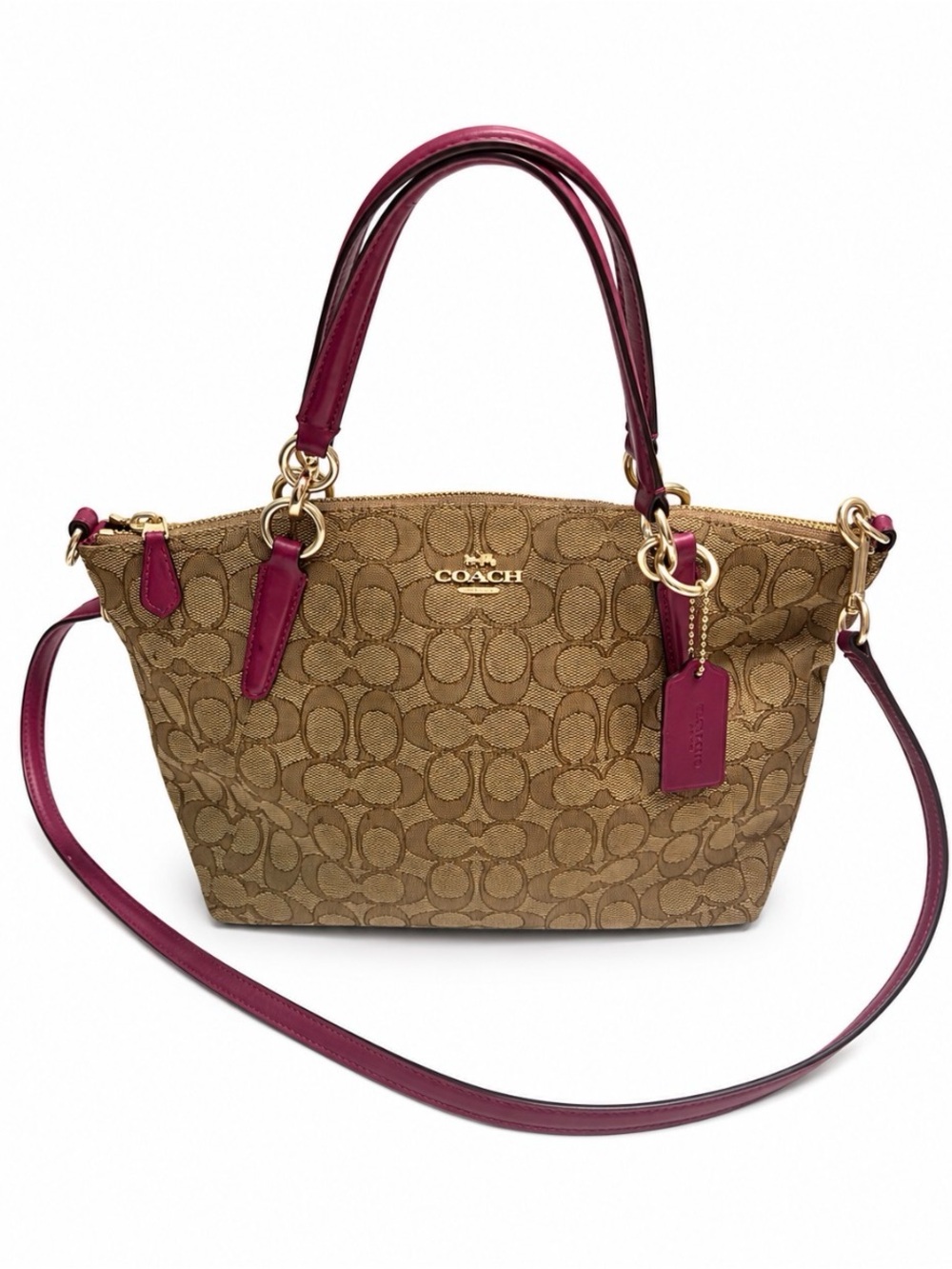 Coach Kelsey Signature C Canvas Khaki & Fuchsia Leather Trim Crossbody Bag - Picture 1 of 11